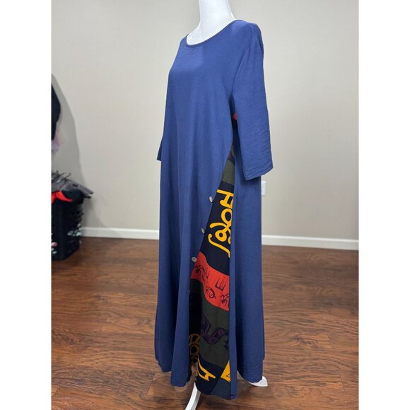 NEW Handmade M/L Blue Boho Chic Maxi Dress Button Detai Patterned Panel Cotton - Picture 4 of 11